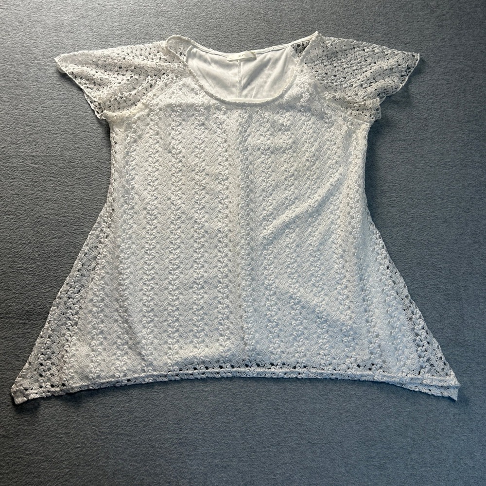 Boho Crochet Overlay Lace Womens Large White Cottagecore Casual Top Allum